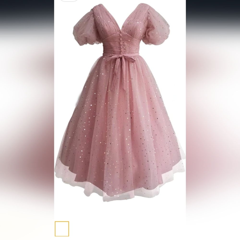 Sparkle Starry Tulle A Line Puffy Sleeve Prom Dresses